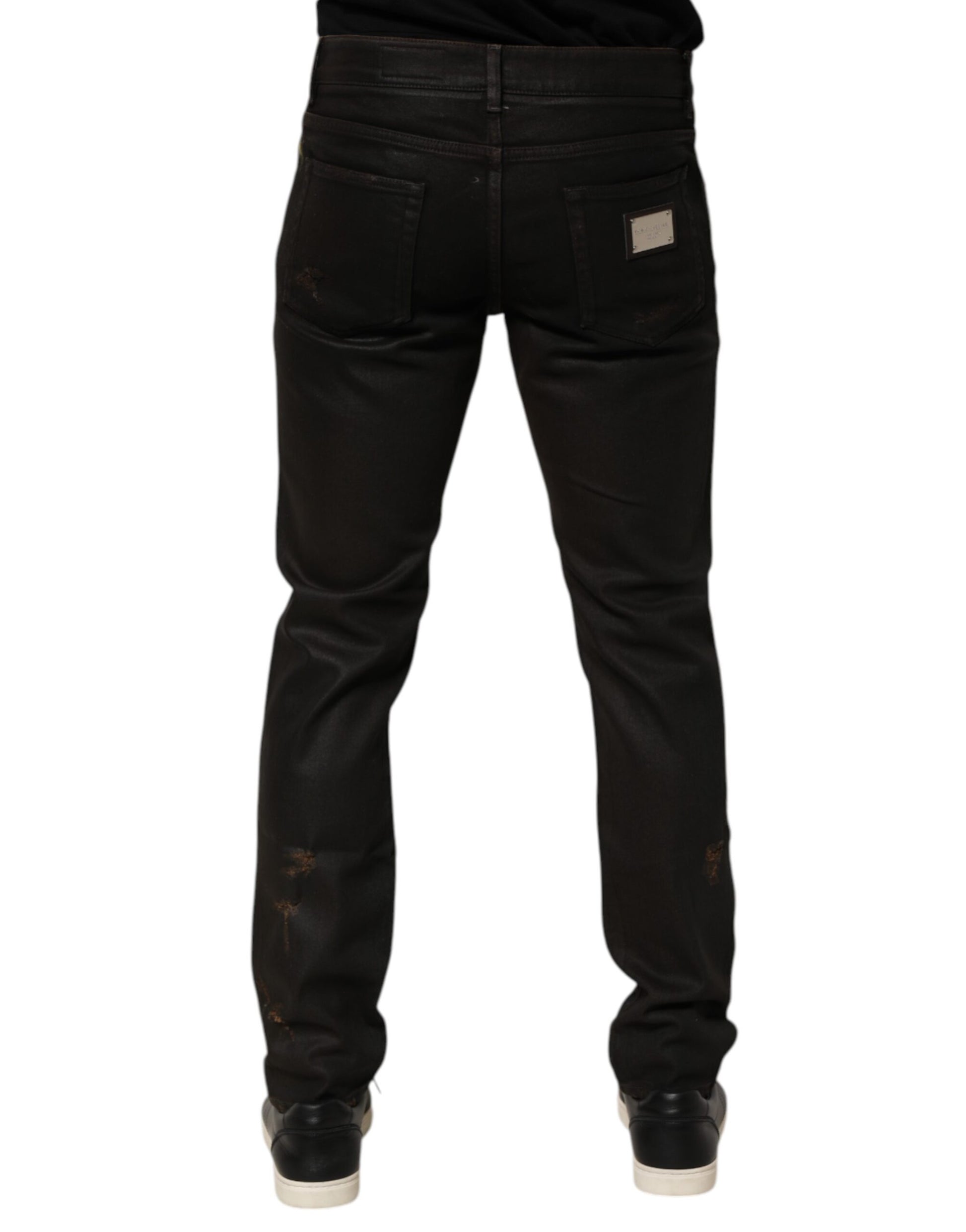 Dark Brown Tattered Cotton Skinny Denim Jeans