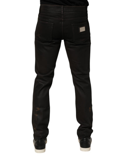 Dark Brown Tattered Cotton Skinny Denim Jeans