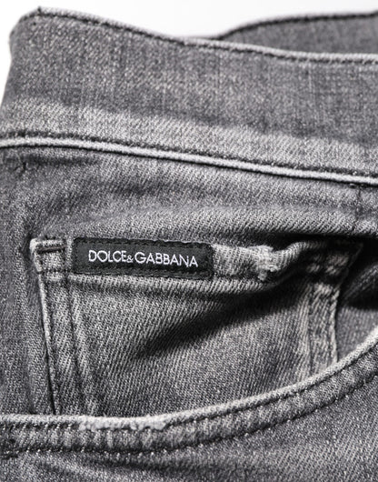 Grey Cotton Denim Slim Fit Distressed Pants Jeans