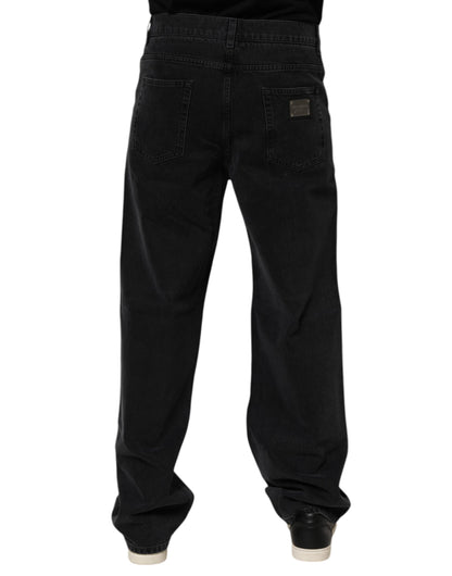 Black Cotton Logo Men Mid Waist Denim Jeans