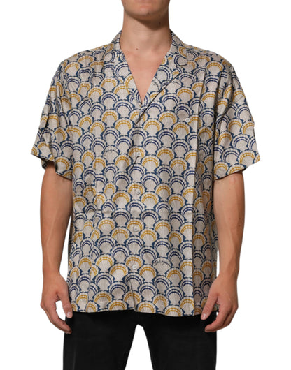 Cream Cotton Silk Hawaii Scallop Shell Print Shirt