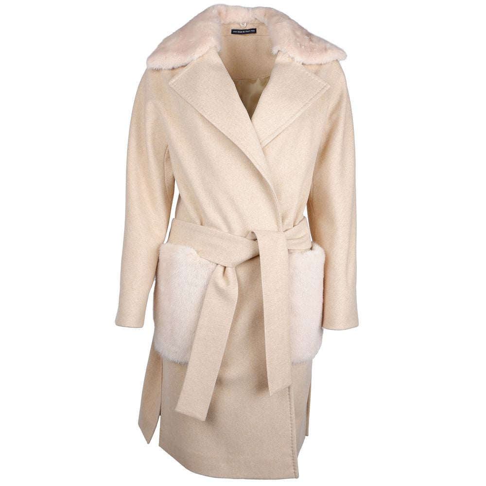 Beige Wool Women Coat with Rabbit Fur Collar