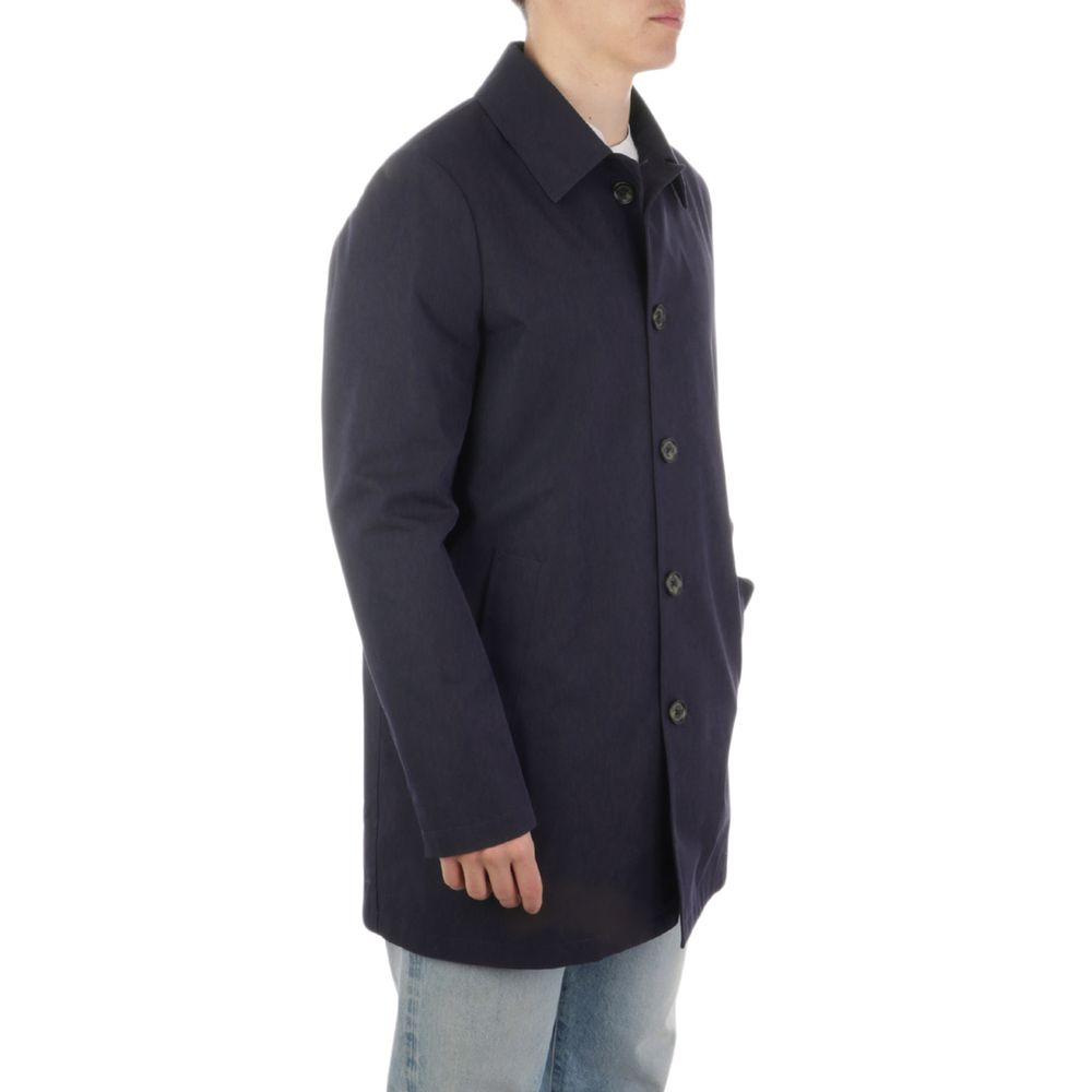Blue Cotton Men Trench Coat