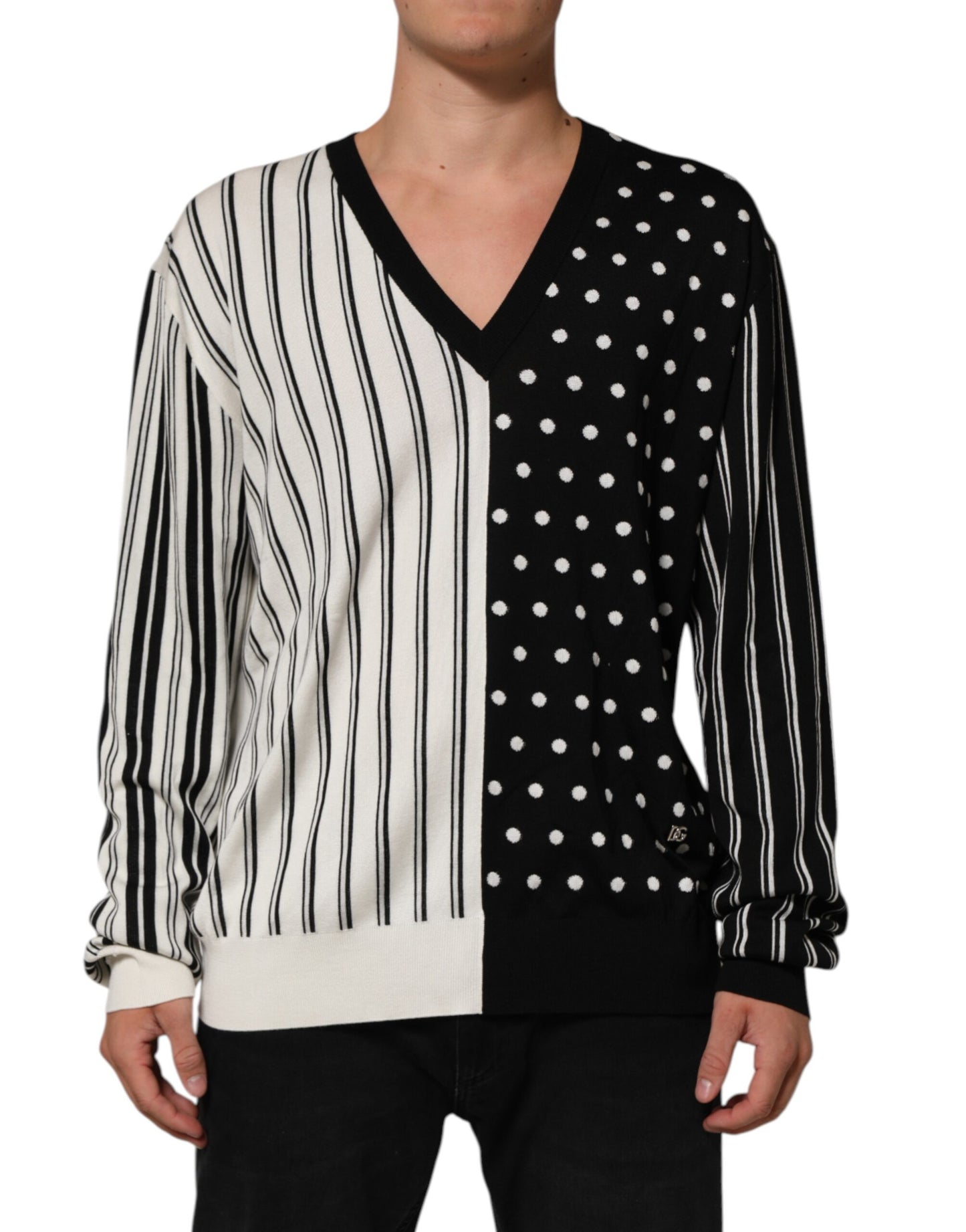Black White Stripe Polka V-Neck Pullover Sweater