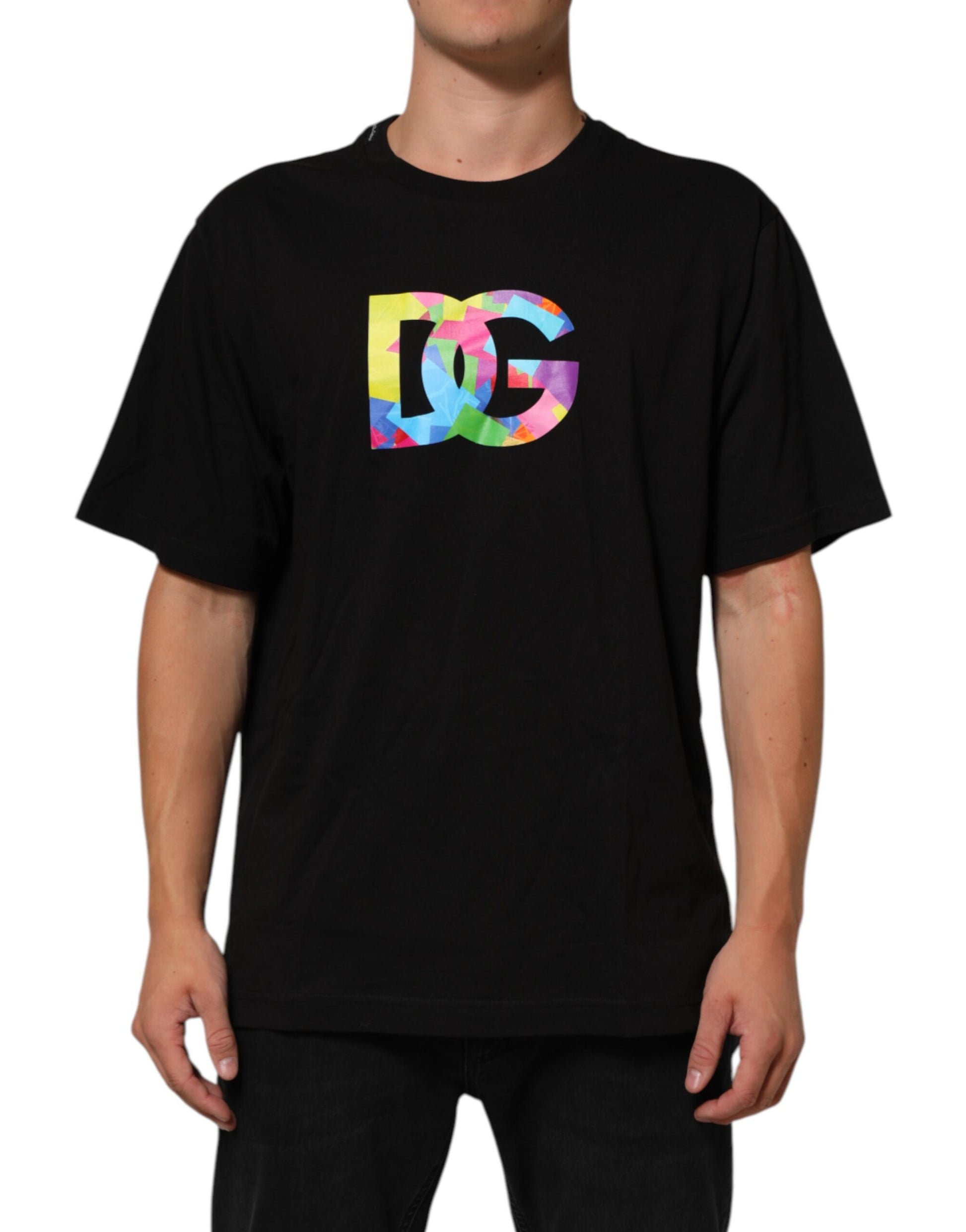 Black Logo Print Cotton Men Crew Neck T-shirt