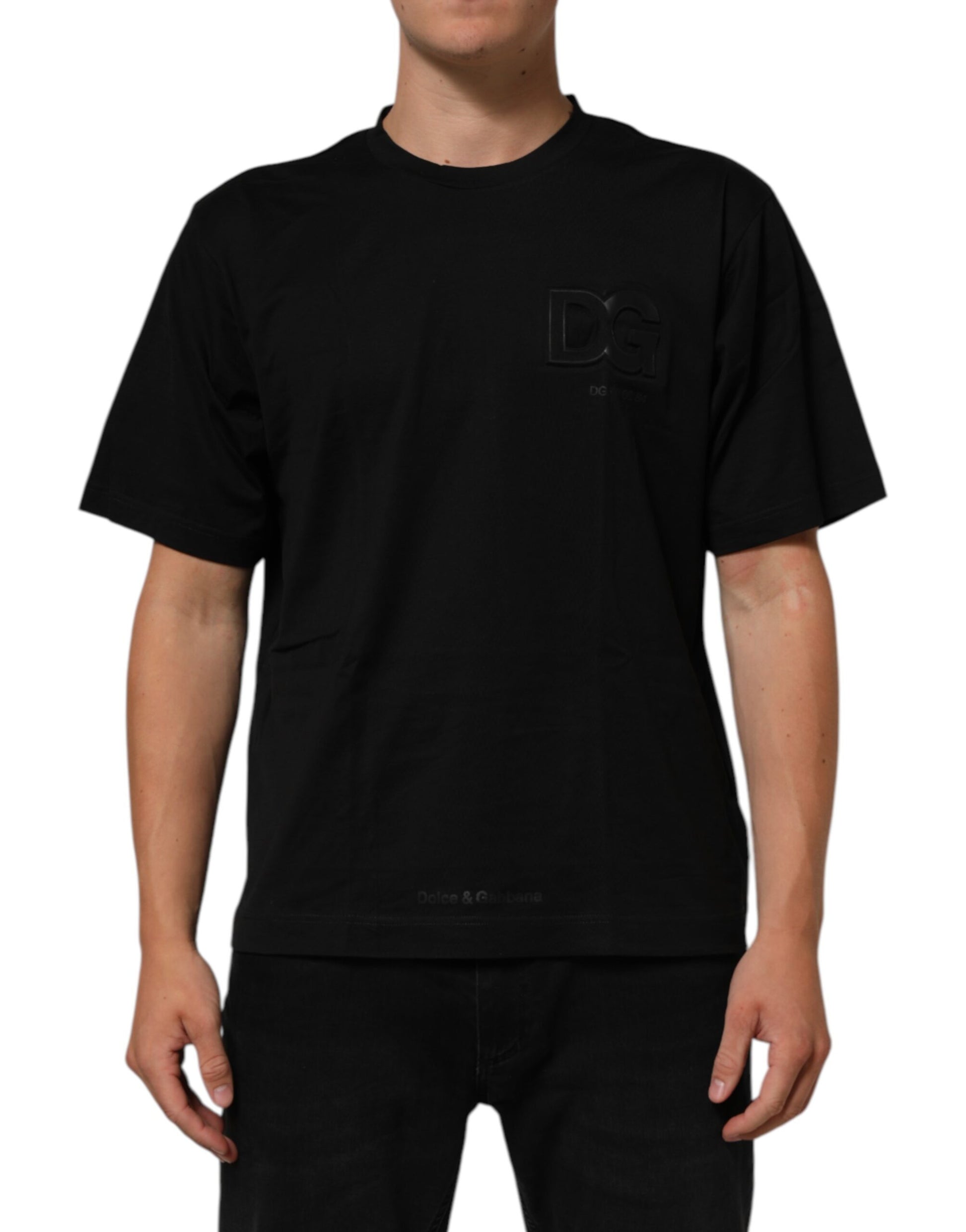 Black Logo Patch Cotton Men Crew Neck T-shirt