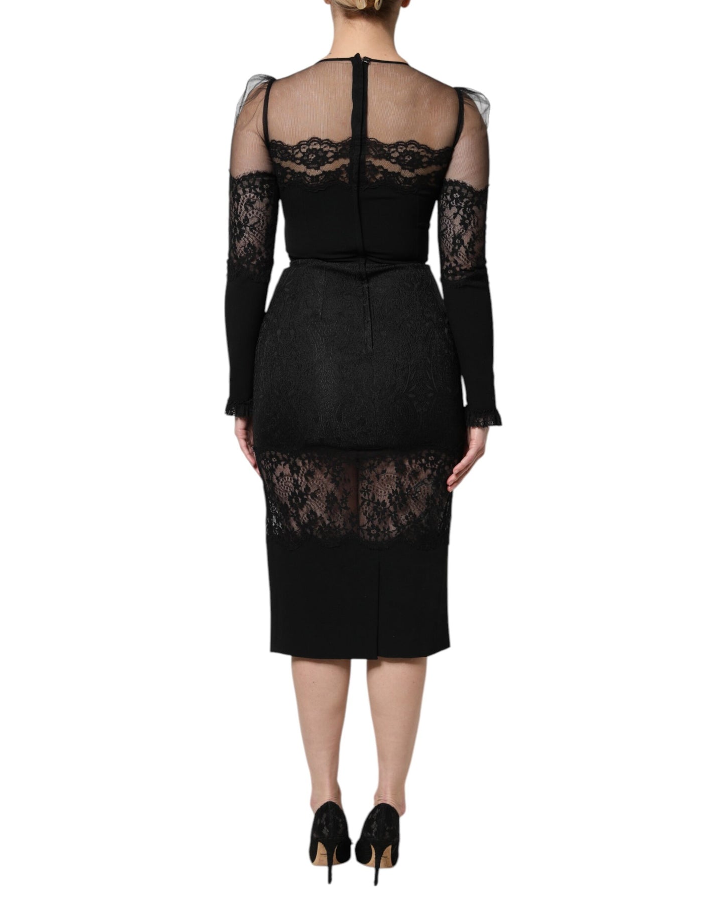 Black Lace Trim Nylon Tulle SheathMidi Dress