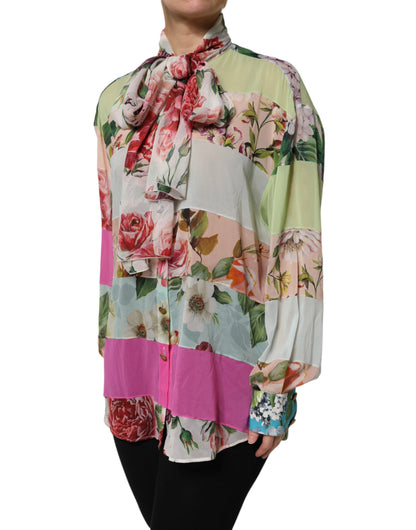 Multicolor Floral Patchwork Ascot Collar Top