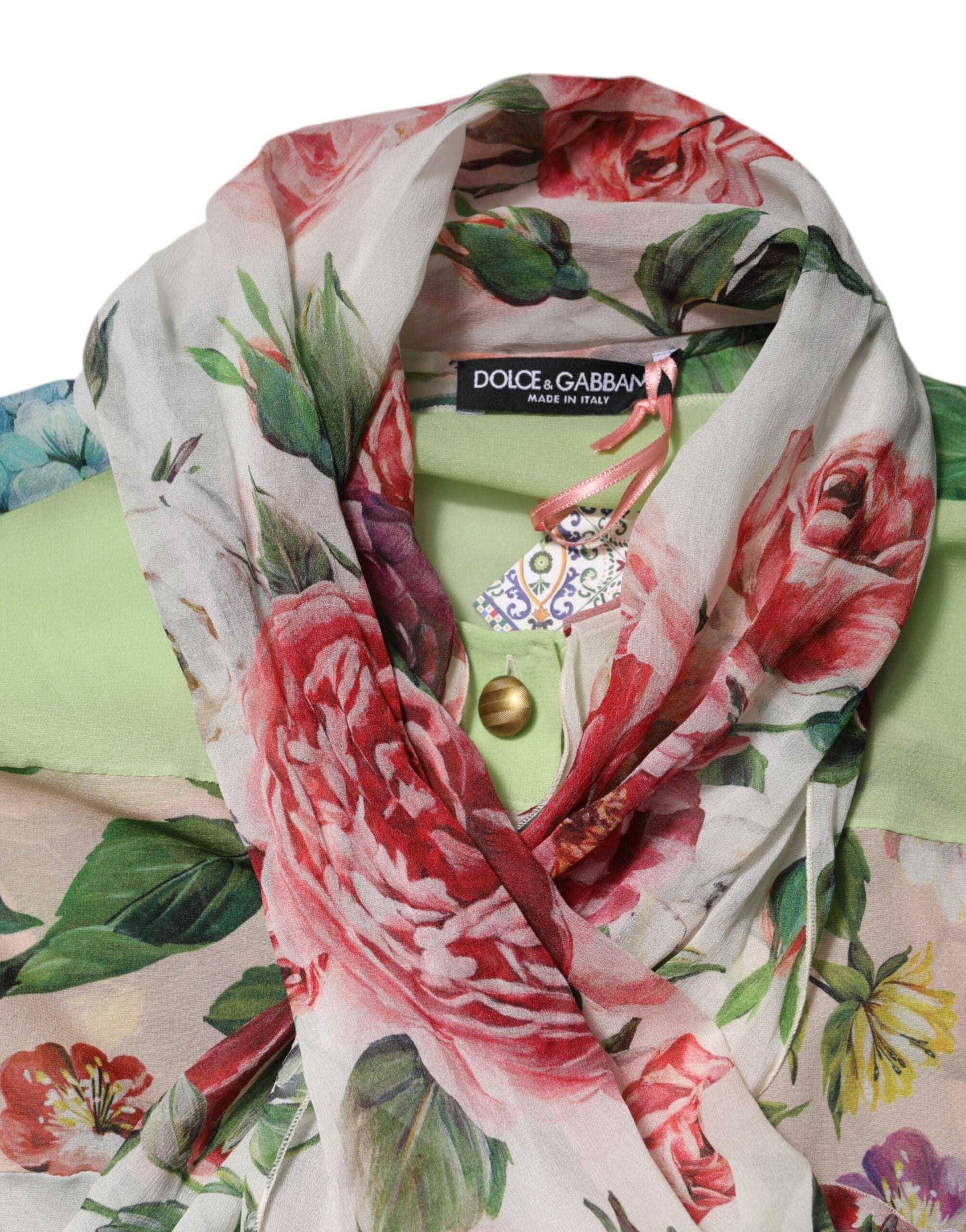 Multicolor Floral Patchwork Silk Ascot Collar Top