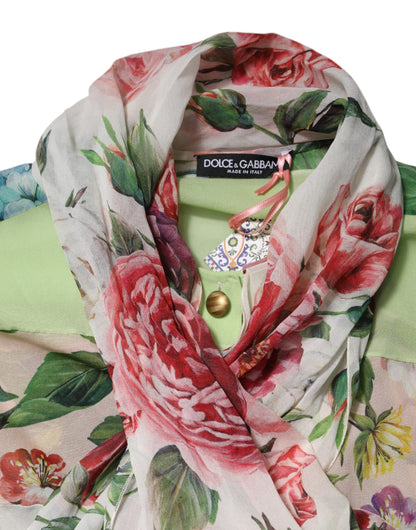 Multicolor Floral Patchwork Silk Ascot Collar Top