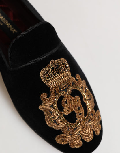 Black Velvet Gold Crown Mens Loafers Shoes