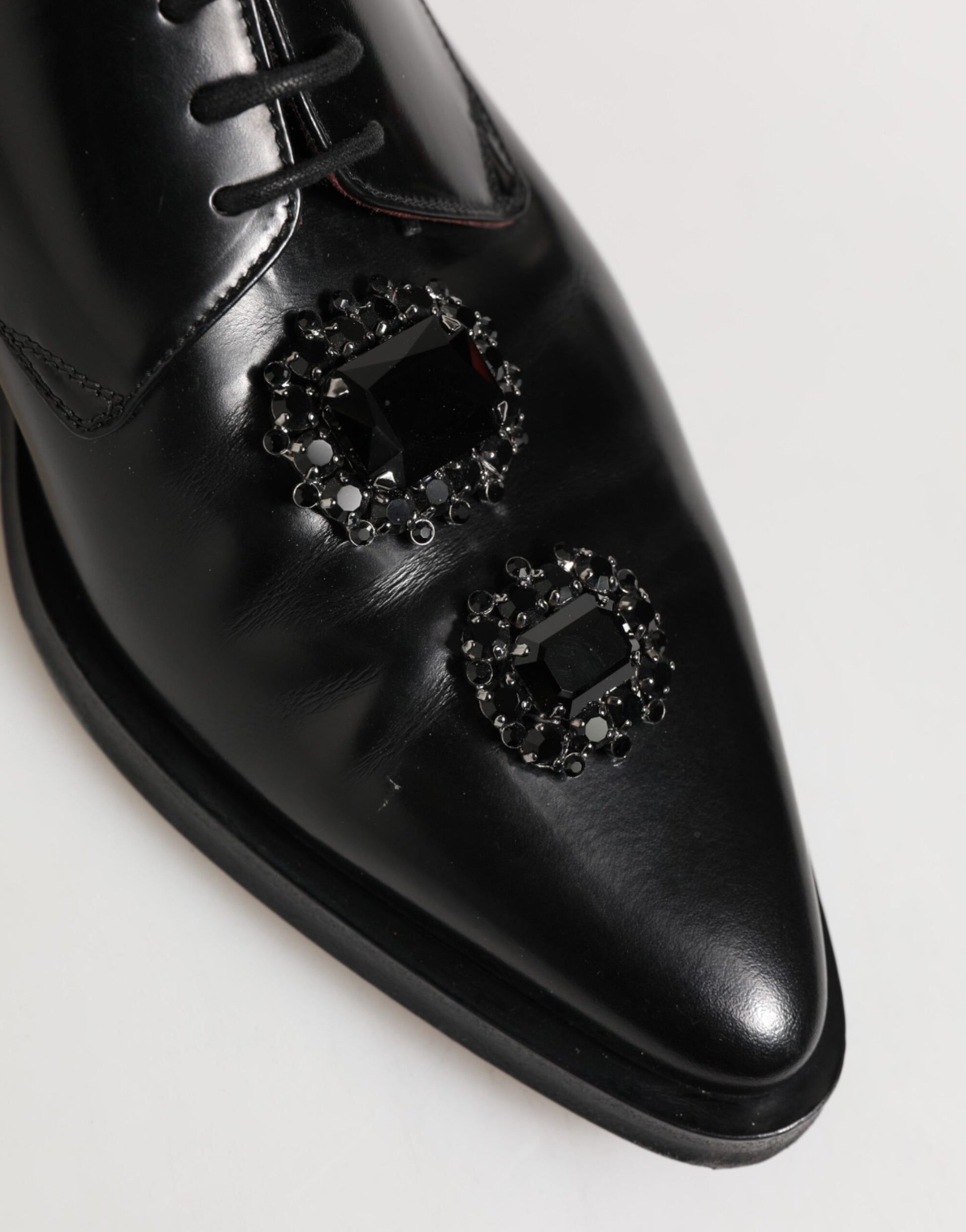 Black Leather Jeweled Crystals Derby Shoes