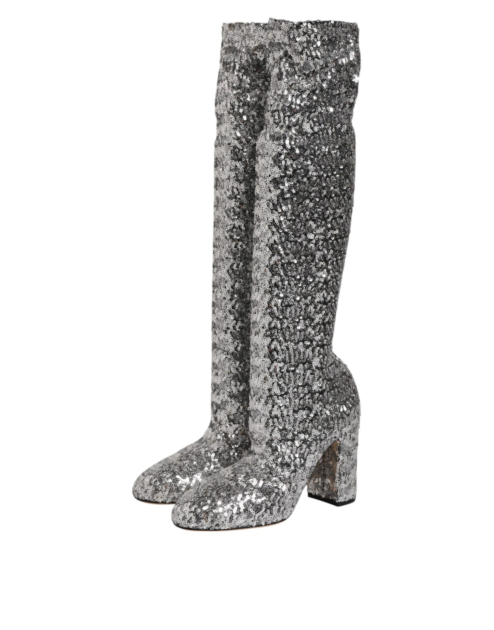 Silver Sequins Glitter High Heel Boot Shoes