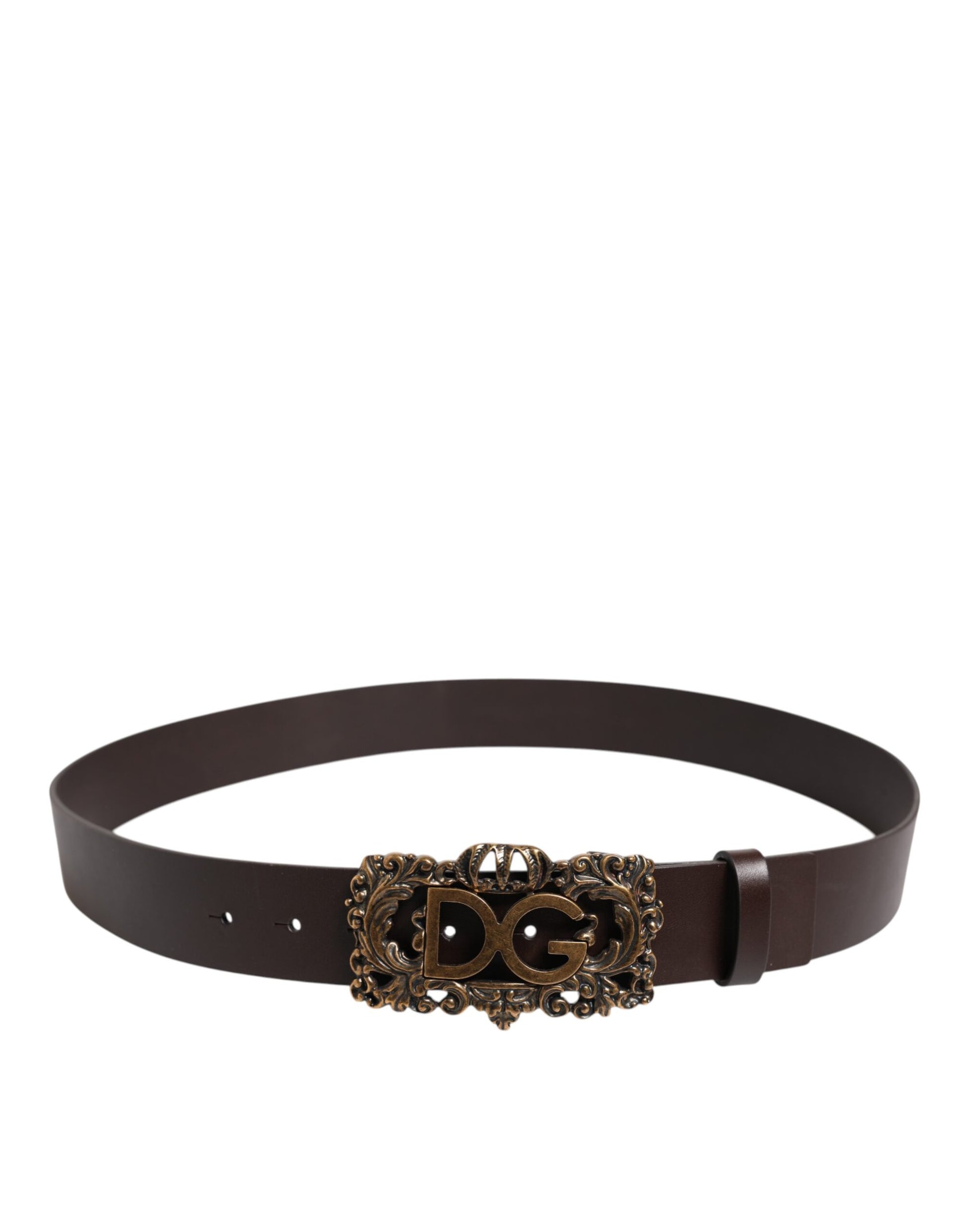 Brown Leather Baroque DG Gold Buckle Men Belt