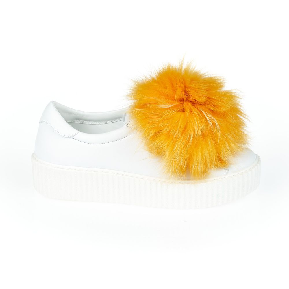 White Textile Women Sneaker with Fur Pom Poms