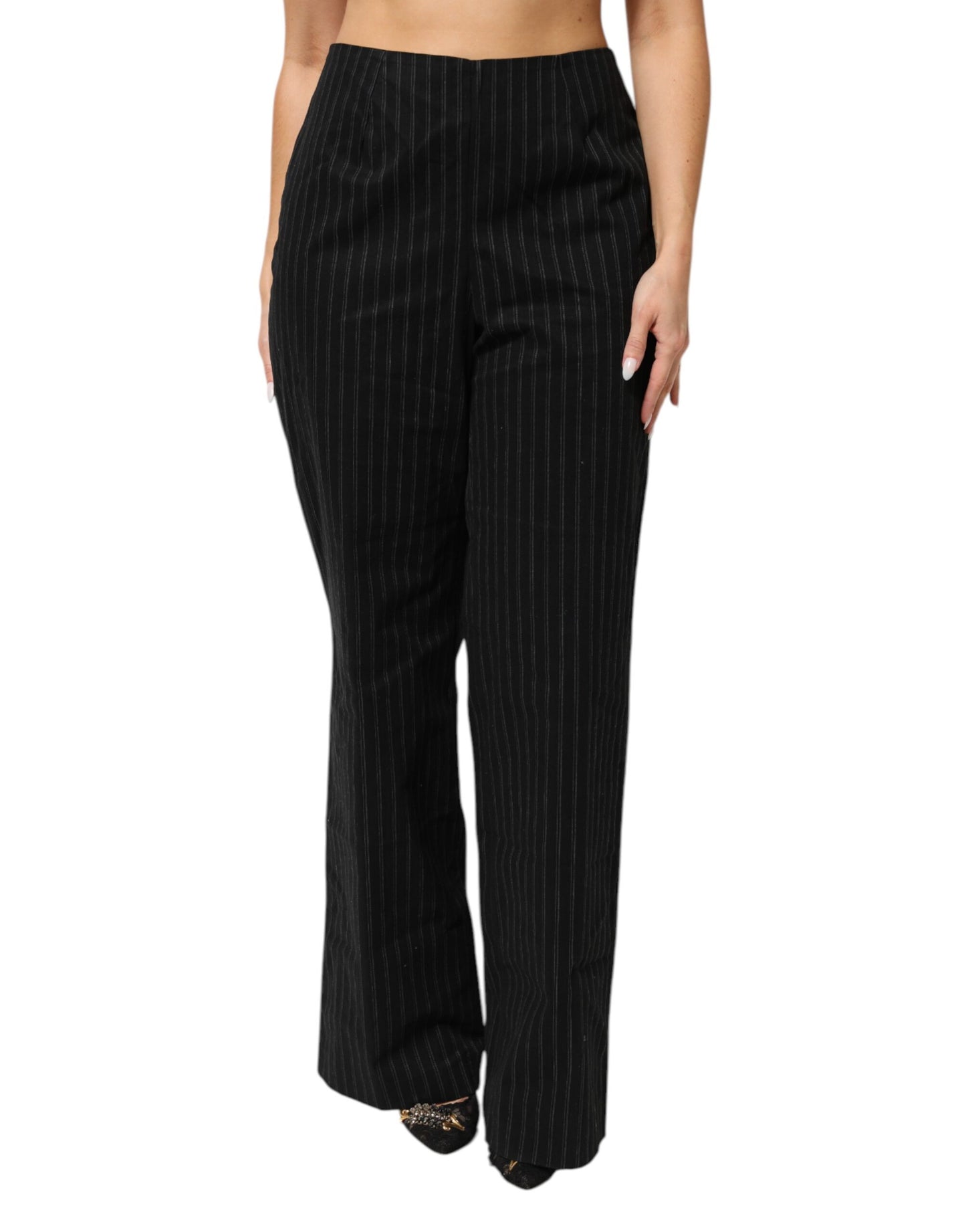 Black Wool Blend Pinstripe Straight Leg Pants