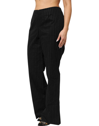Black Wool Blend Pinstripe Straight Leg Pants