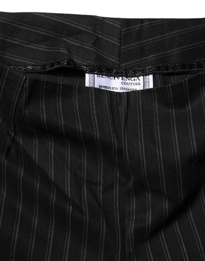 Black Wool Blend Pinstripe Straight Leg Pants