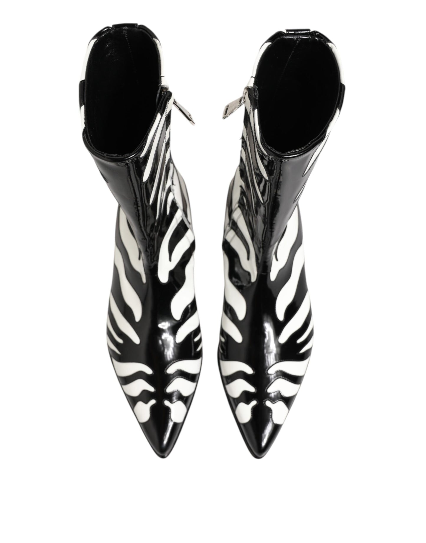 Black White Zebra Leather Mid Calf Boots Shoes