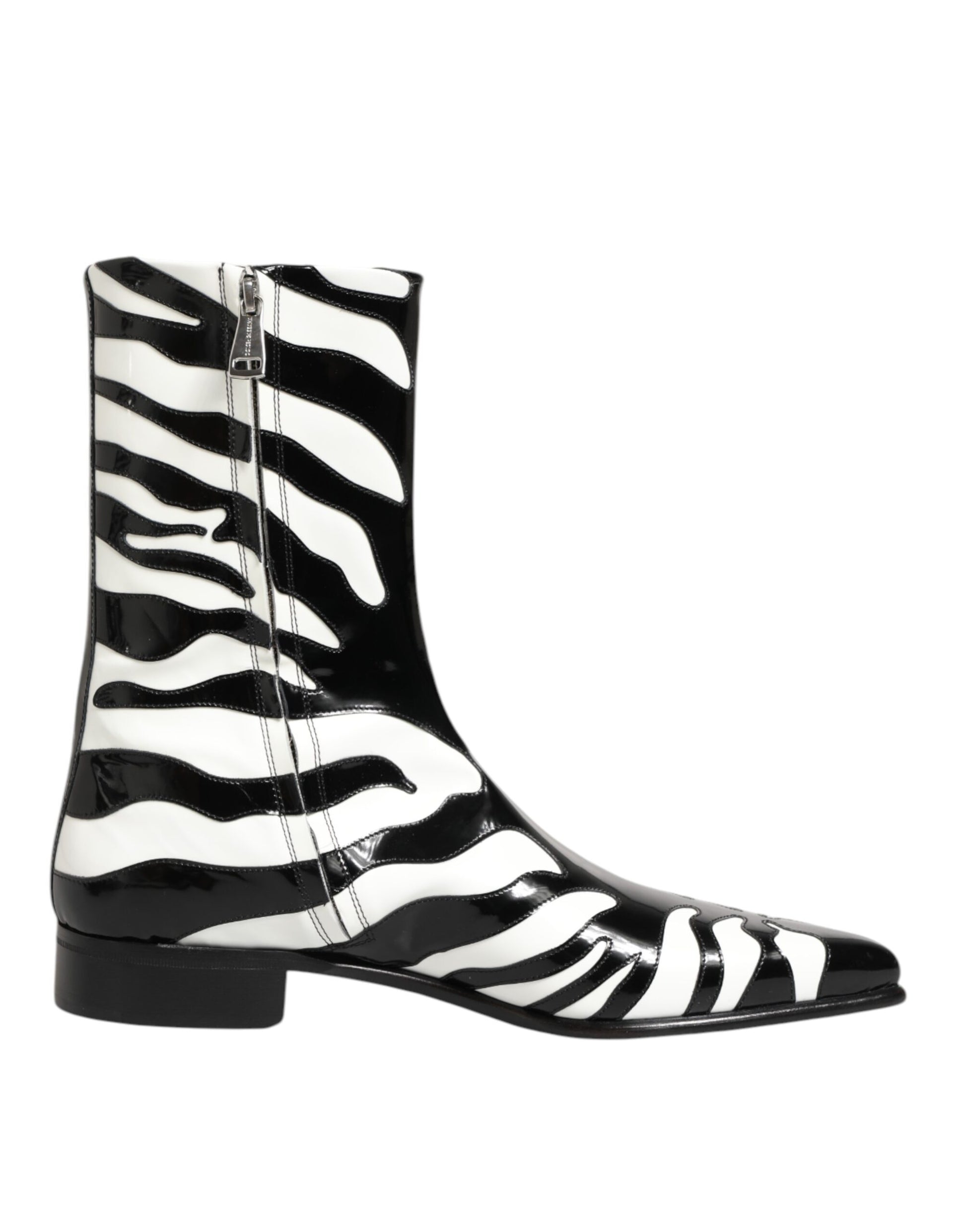 Black White Zebra Leather Mid Calf Boots Shoes