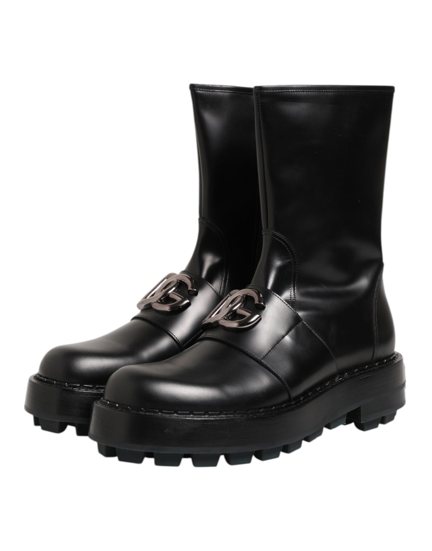 Black Logo Plaque Mid Calf Biker Boots Shoes