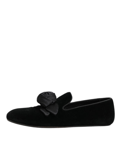Black Suede Cotton Rose Slip On Loafers Shoes