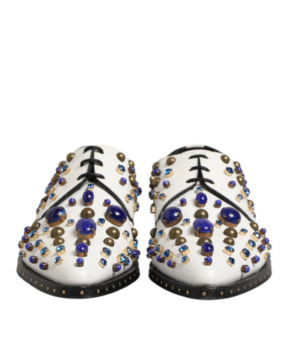 White Leather Crystals Embellished Dress Shoes