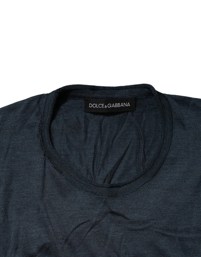 Blue Silk Crew Neck Short Sleeves Men T-Shirt