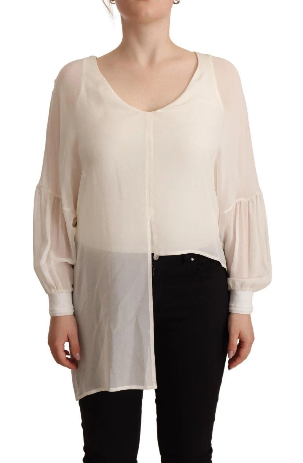 Off White Silk Long Sleeves Deep Vneck Top