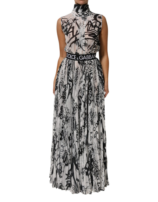 Black White Monogram Pleated Long Gown Dress