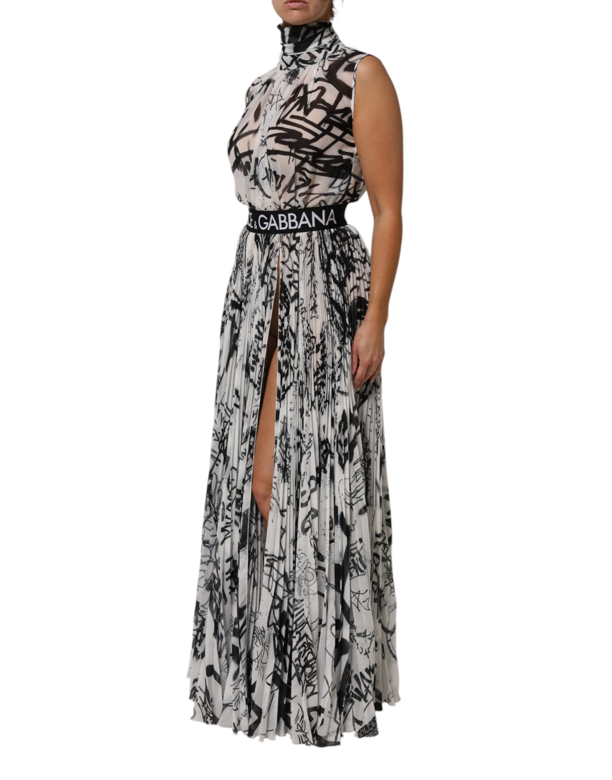Black White Monogram Pleated Long Gown Dress