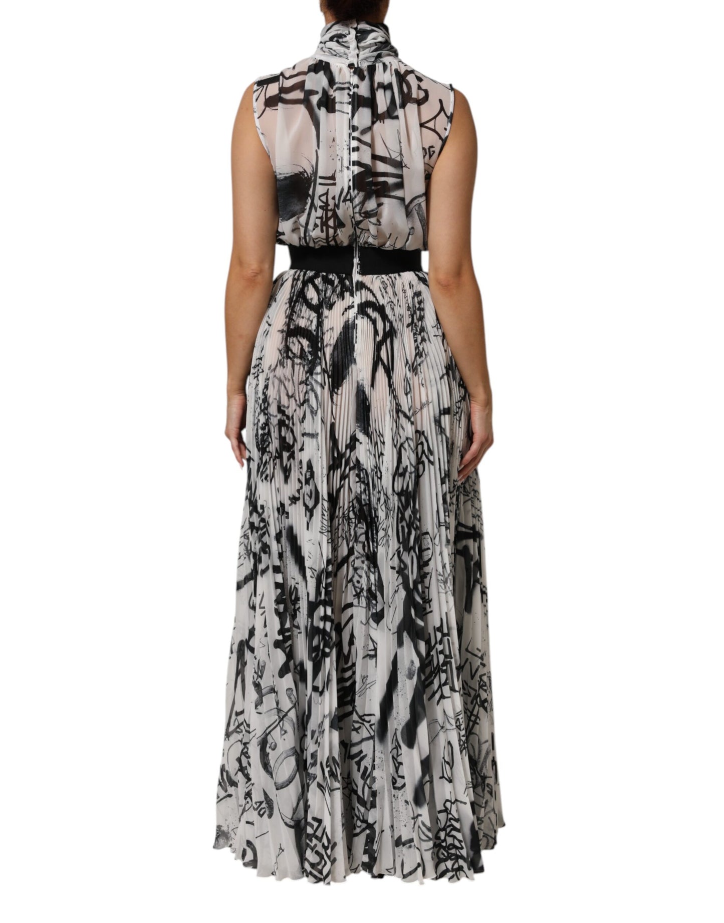 Black White Monogram Pleated Long Gown Dress