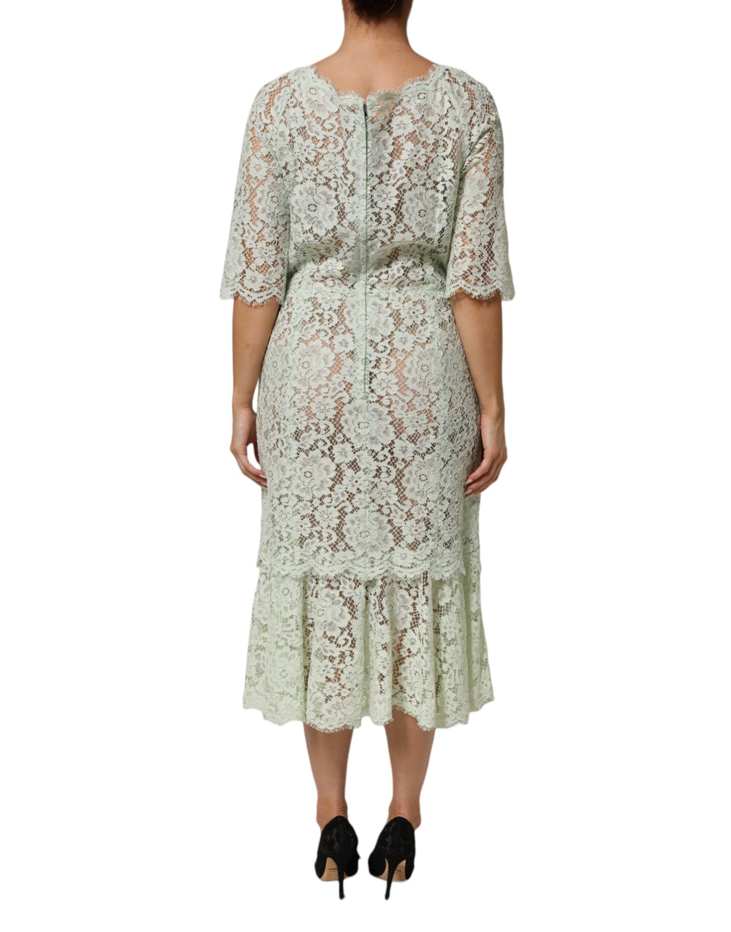 Mint Green Floral Lace Trim Midi Dress