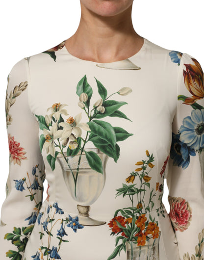 White Flower Vase Silk Sheath Midi Dress