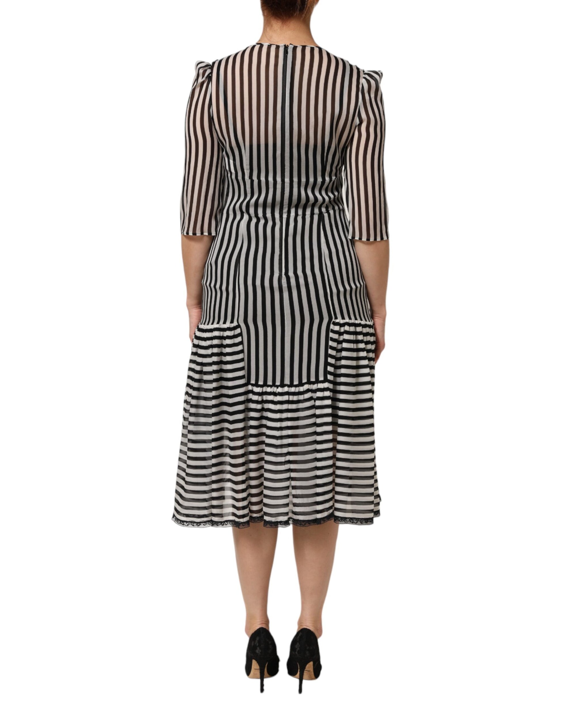 Black White Stripes Silk V-neck Midi Dress