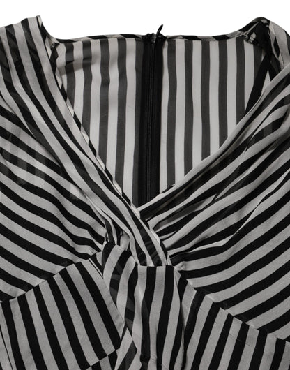 Black White Stripes Silk V-neck Midi Dress