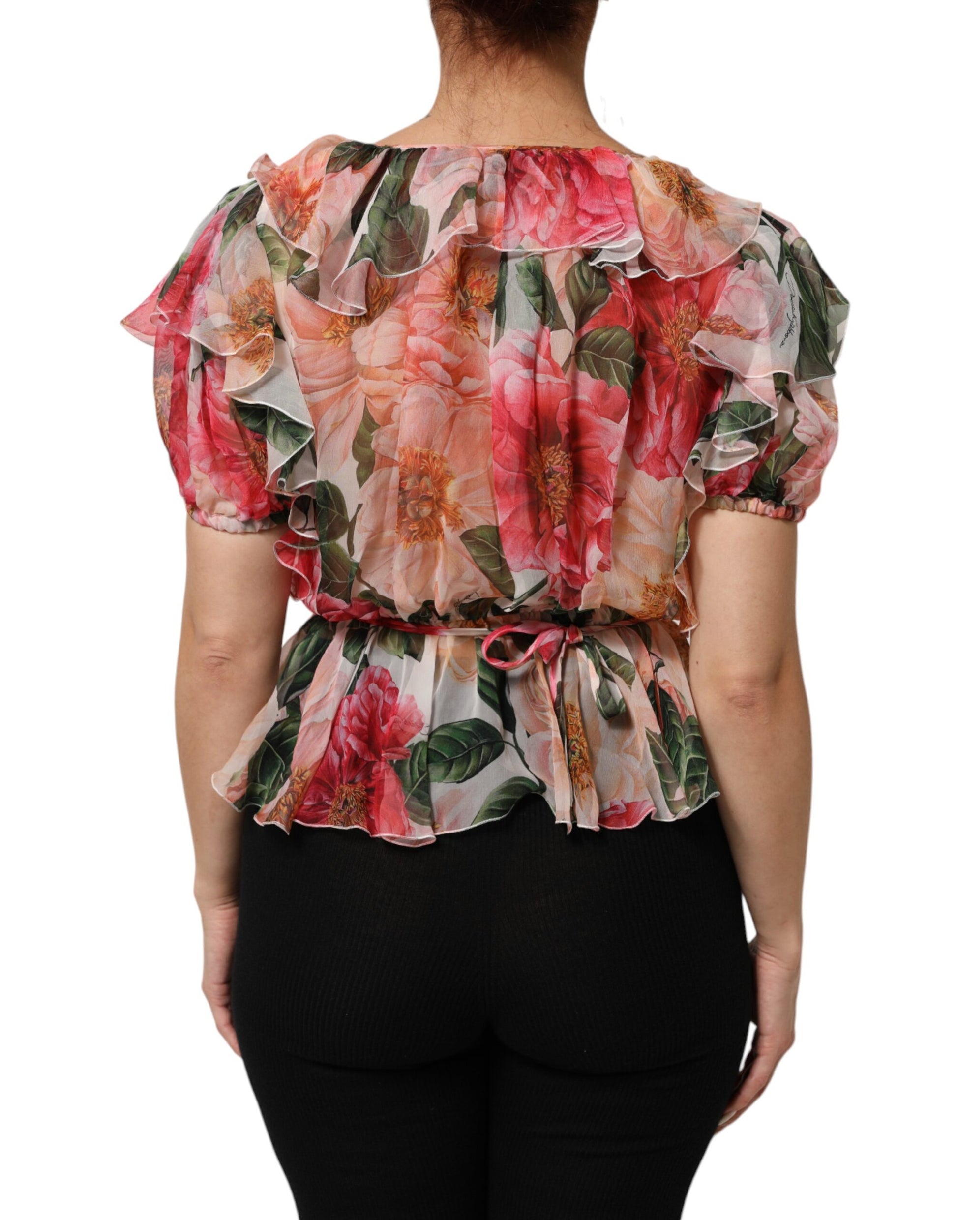 Pink Camellias Printed Silk V-neck Blouse Top
