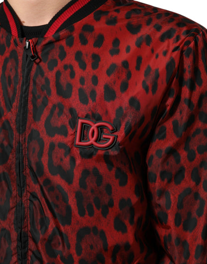 Red Leopard Print Full Zip Bomber Jacket
