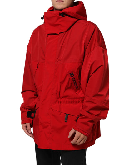 Red Nylon Hooded Men Full Zip Parka Jacket