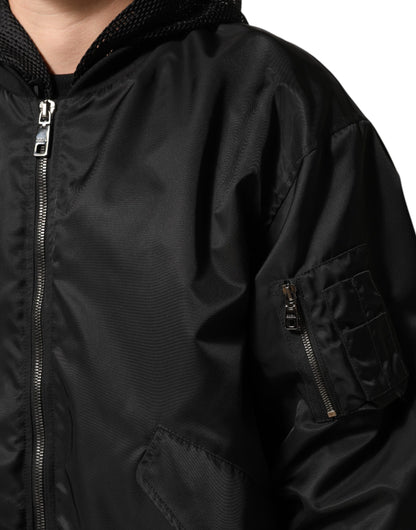 Black Nylon Hooded Full Zip Bomber Men Jacket