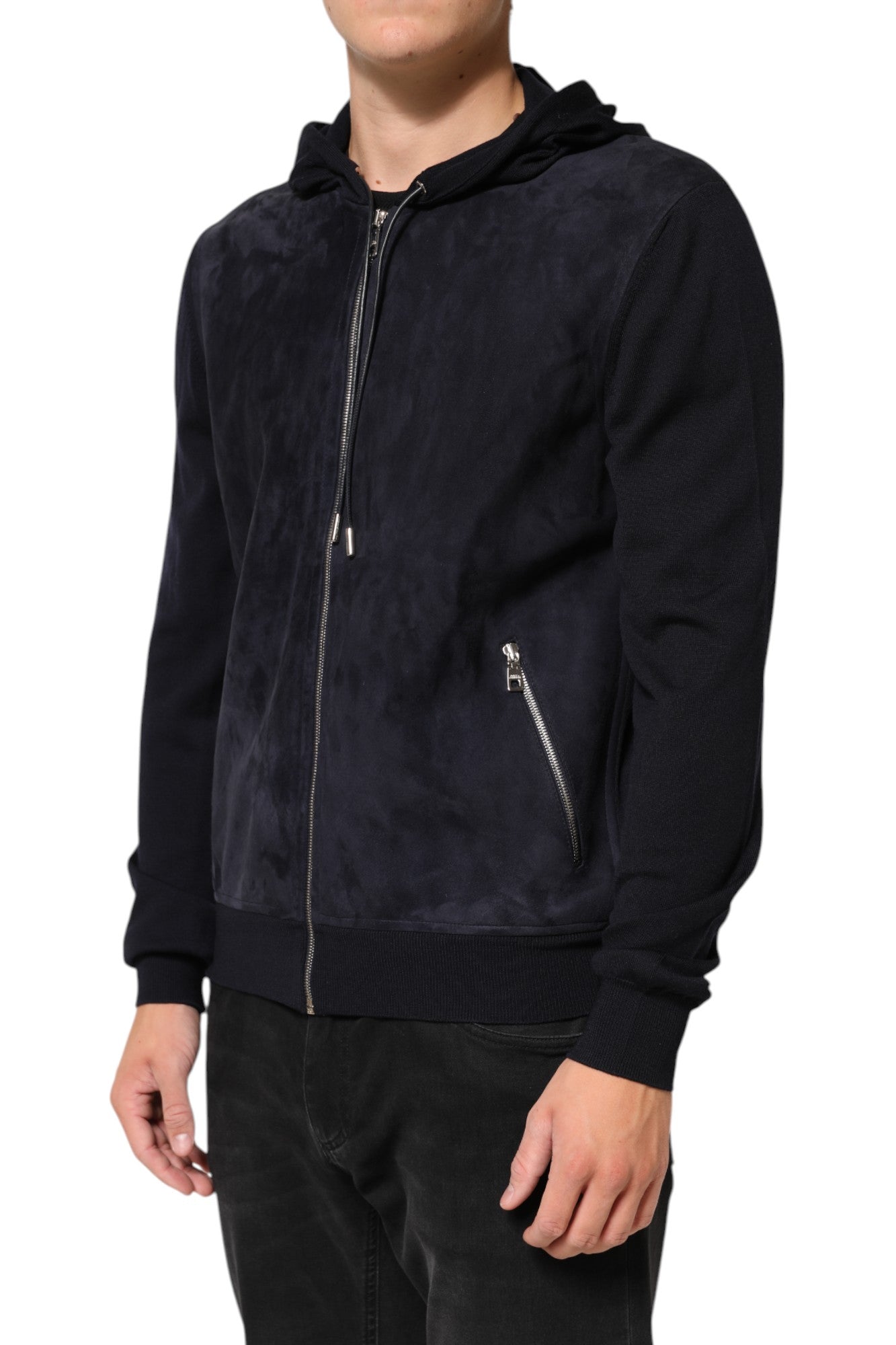 Black Leather Full Zip Hooded Blouson Jacket