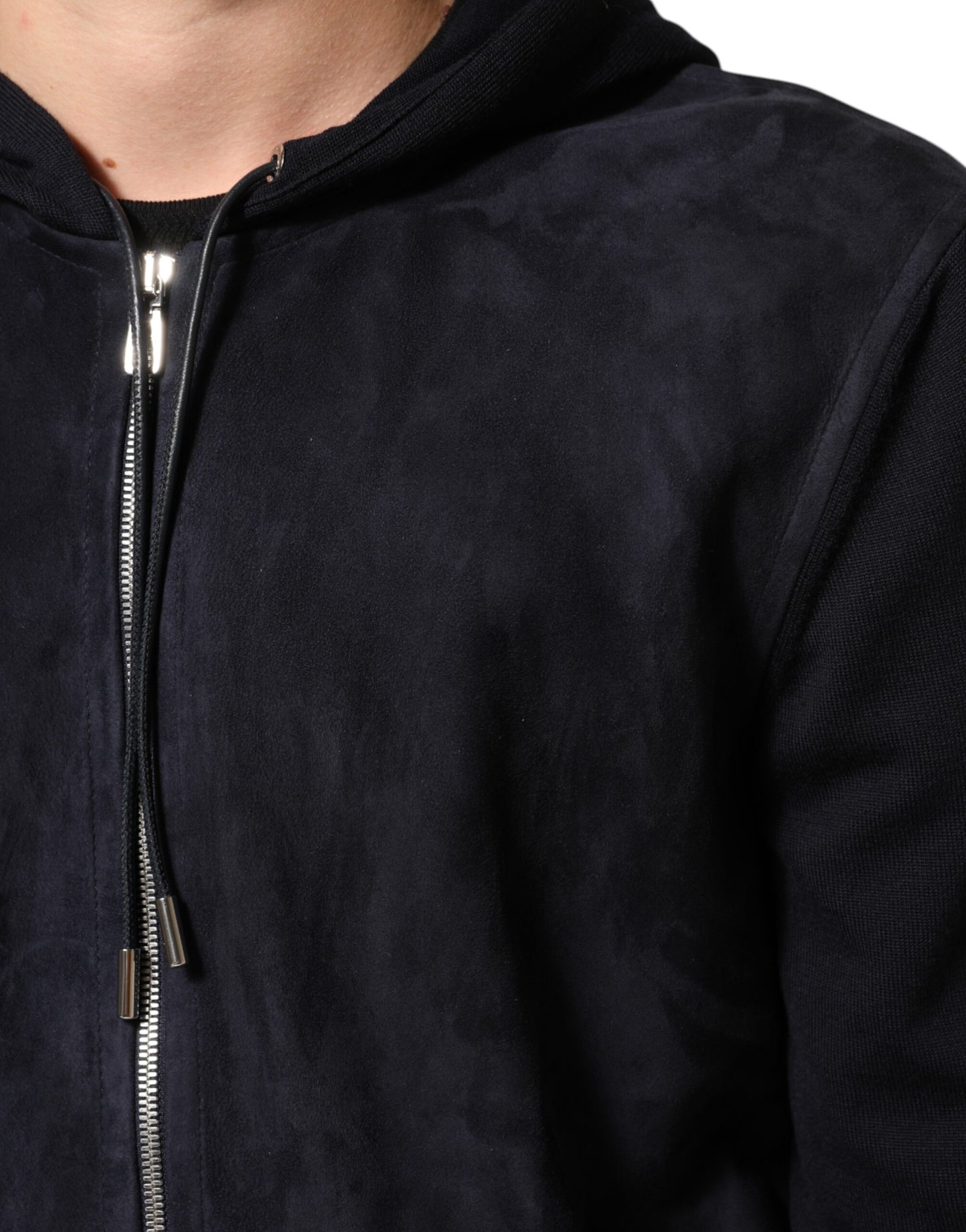 Black Leather Full Zip Hooded Blouson Jacket