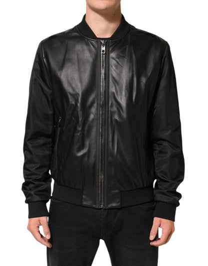 Black Leather Nylon FullZip Blouson Jacket