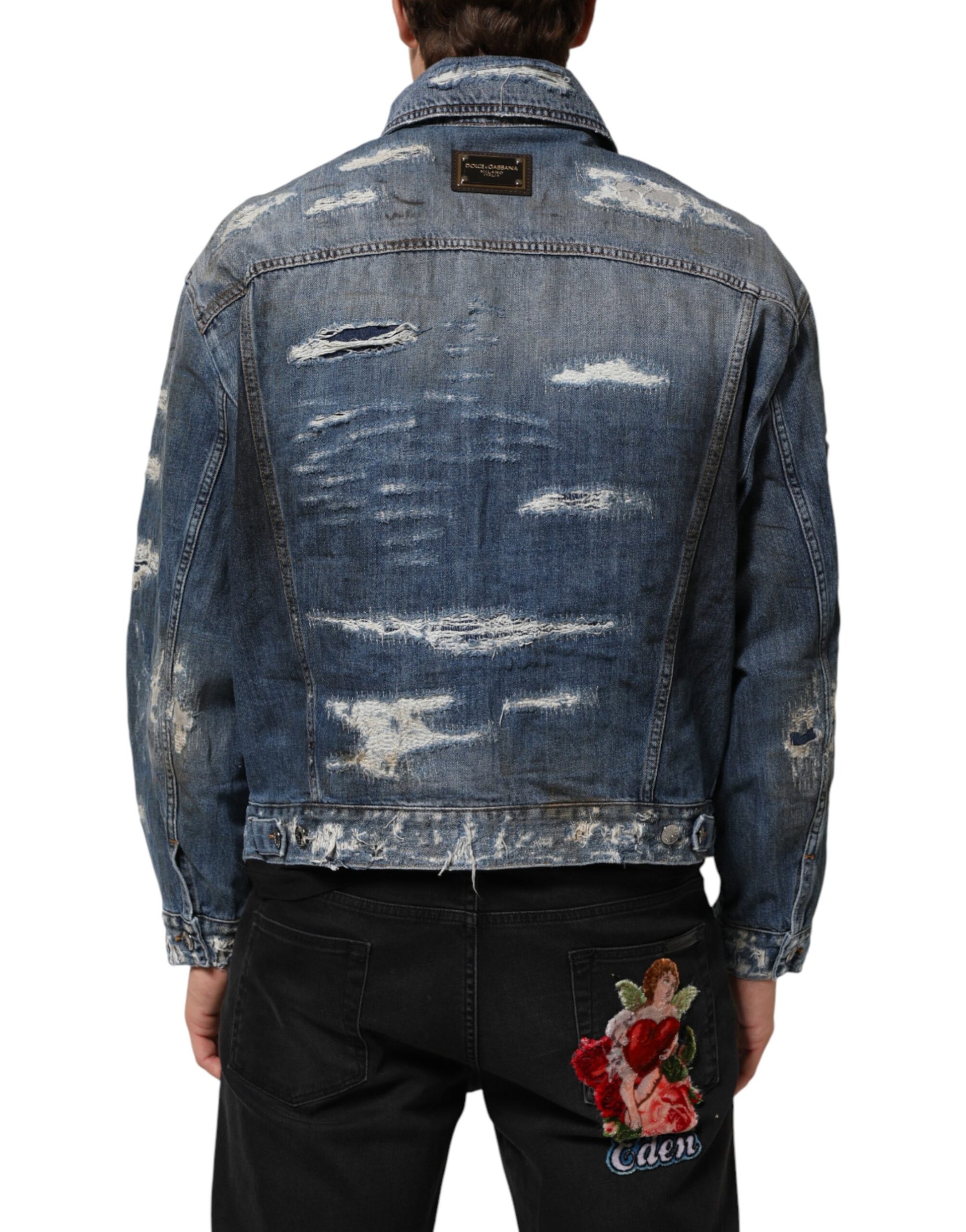 Blue Cotton Tattered Denim Blouson Jacket