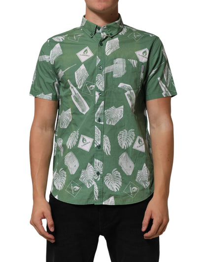 Green Printed Cotton Collared Short Sleeves Polo Shirt