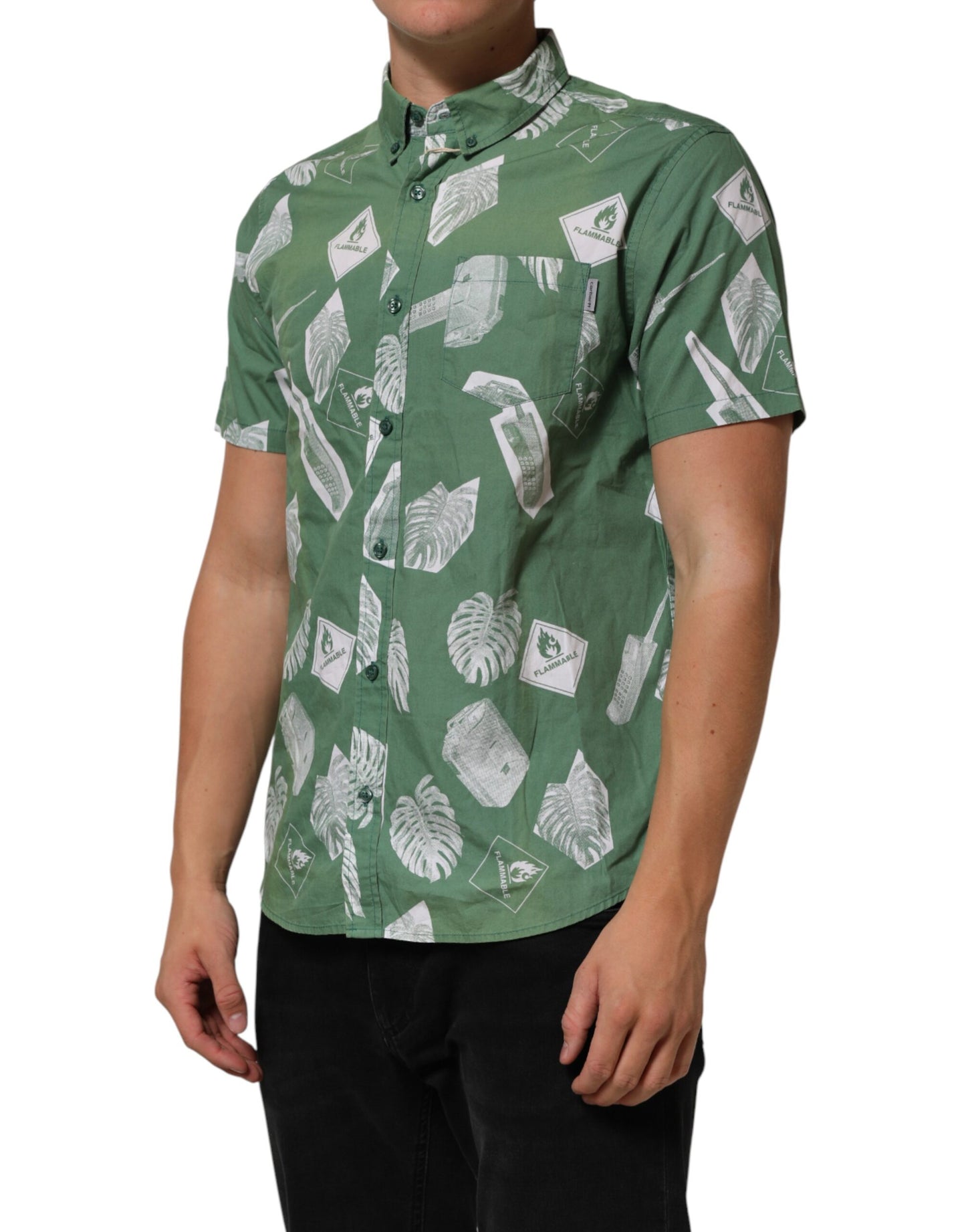 Green Printed Cotton Collared Short Sleeves Polo Shirt