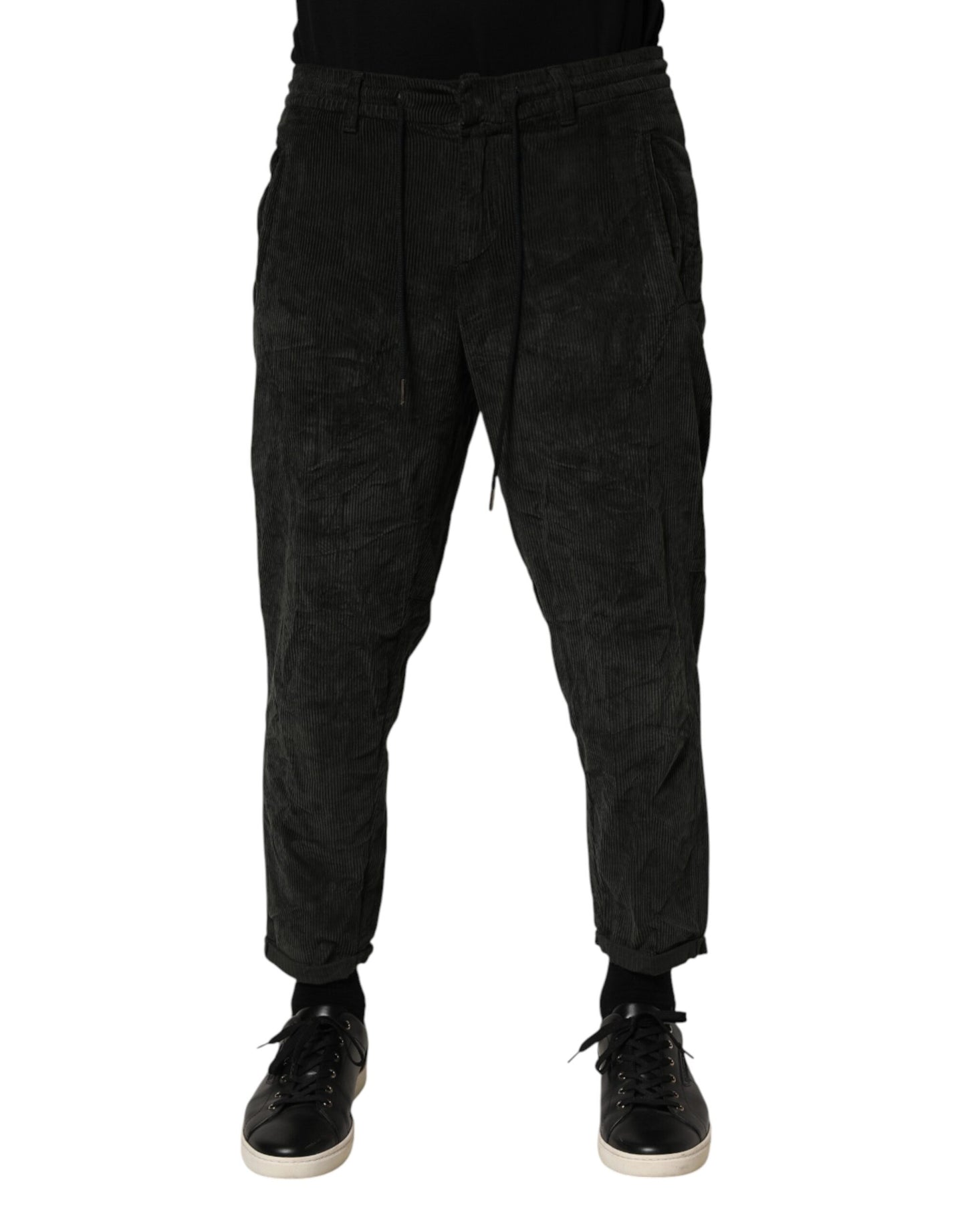 Black Mid Waist Cropped Corduroy Men Trouser Pants
