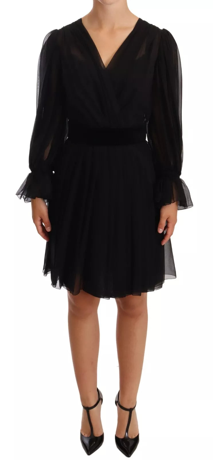 Black Silk Tulle Long Sleeve V-neck Dress