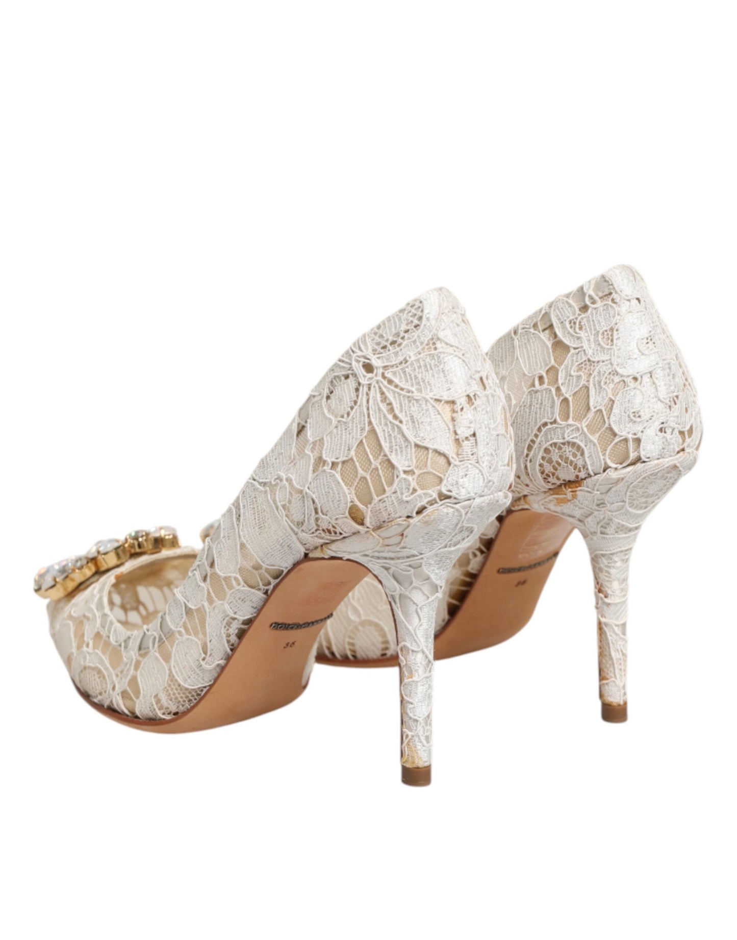 White Taormina Lace Crystal Heel Pumps Shoes