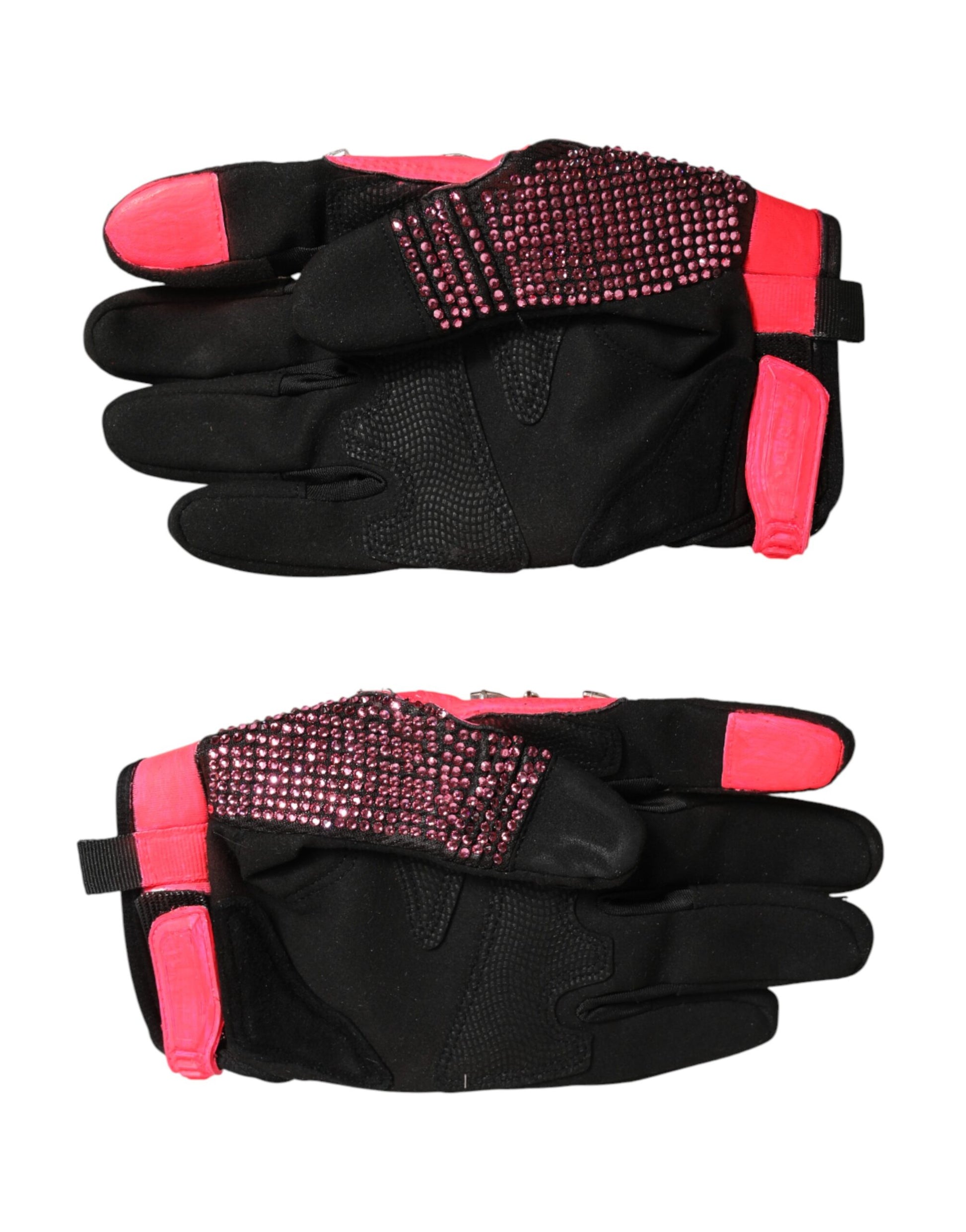 Black Pink Crystal Wrist Length Mitten Gloves